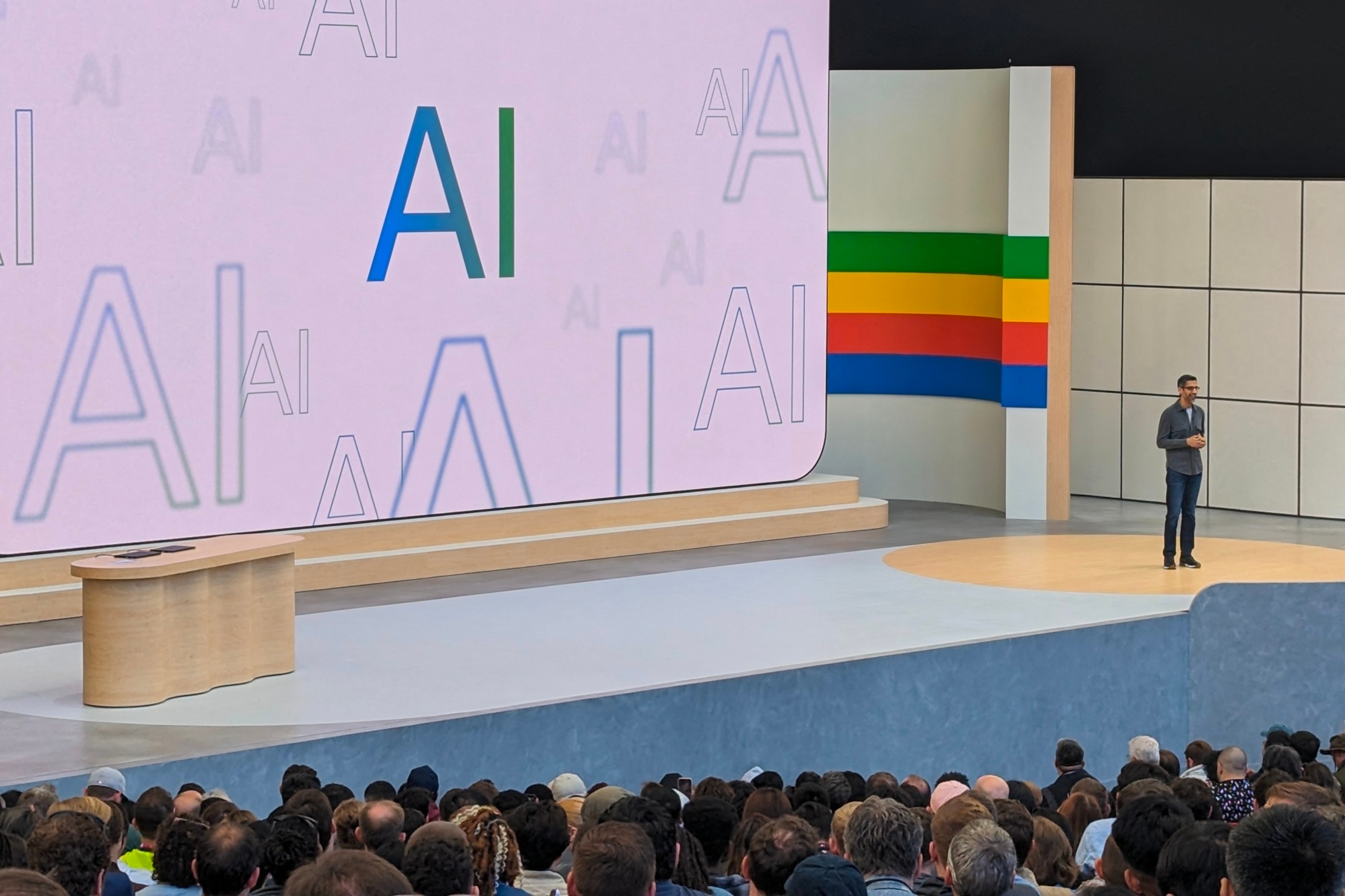 PHOTO: Google CEO Sundar Pichai speaks during the tech titan's annual I/O developer conference on May 14, 2024, in Mountain View, California. 